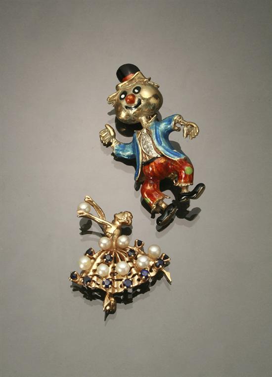 Appraisal: Two -Karat Yellow-Gold Clown and Ballerina Brooches The clown highlighted