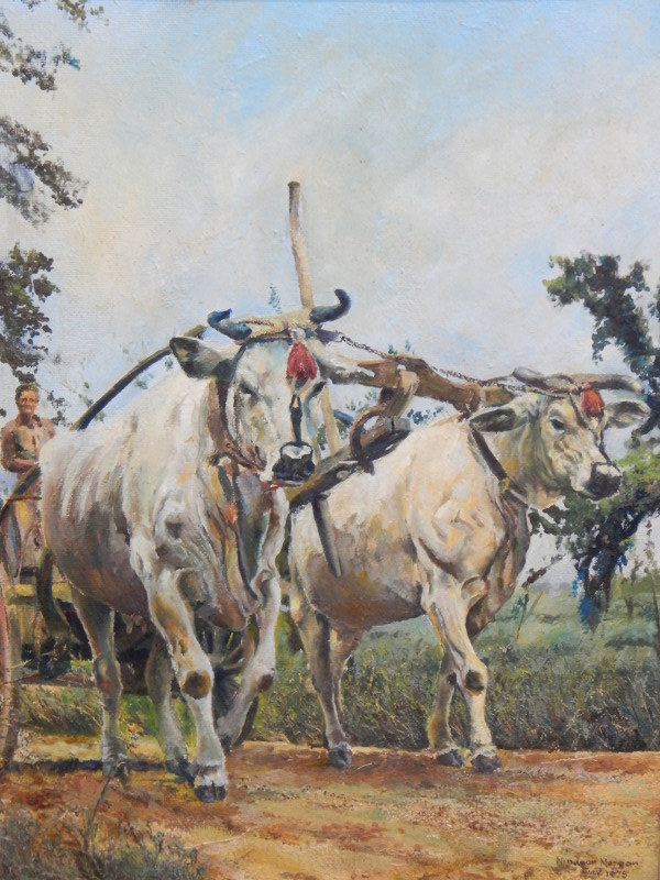 Appraisal: Morgan cows pulling a cart signed and dated July oil