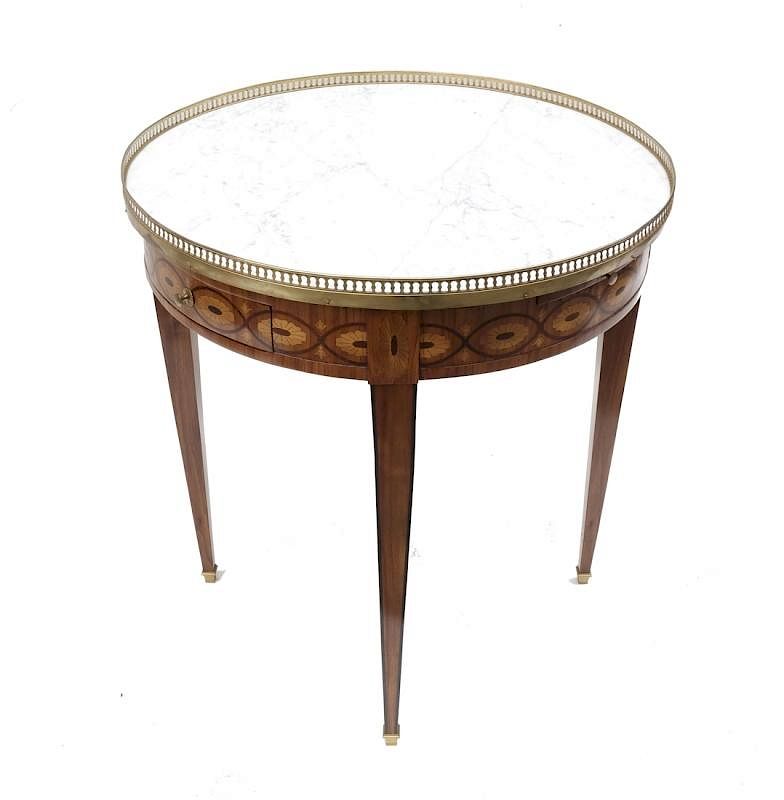 Appraisal: Continental Inlaid Bouillotte Table Continental style inlaid marble top table