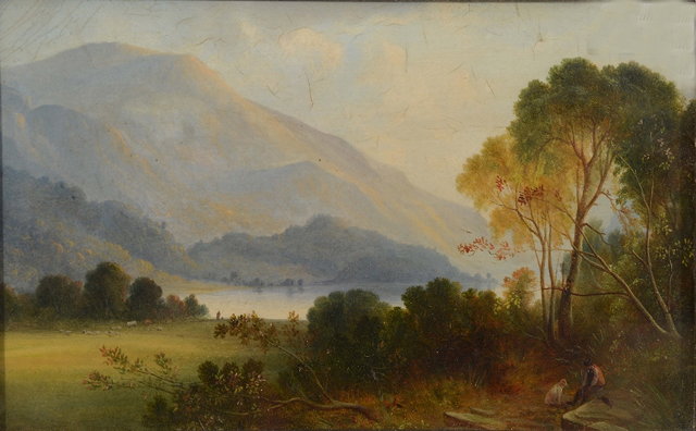 Appraisal: TH CENTURY ENGLISH SCHOOLA mountain landscape with figure seated in