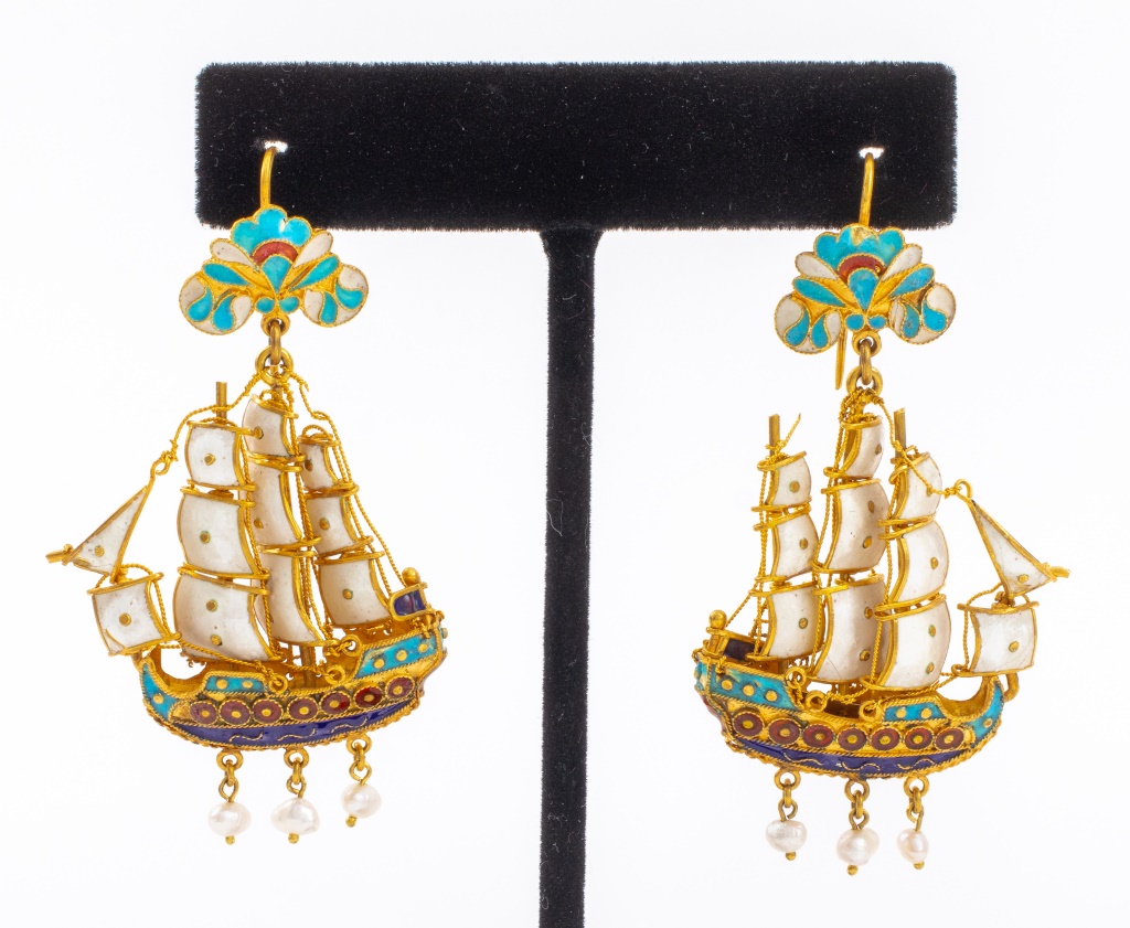 Appraisal: K GOLD PEARL ENAMEL SAILING SHIP EARRINGS Pair of K