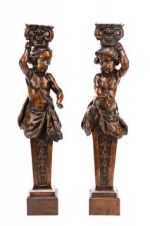 Appraisal: Pair of Carved Walnut Figural Cherub Pedestals Italian first half