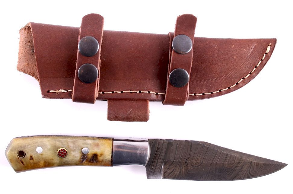 Appraisal: CFK Damascus Ram Horn Knife w Scabbard This is a