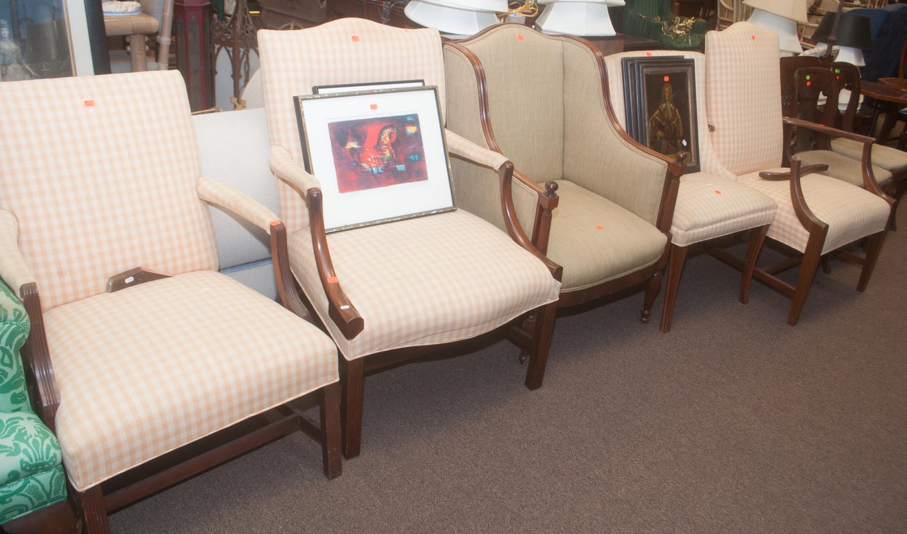 Appraisal: Four upholstered armchairs and one side chair Undernumber