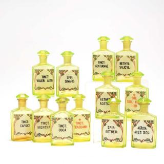 Appraisal: Set of Twelve Yellow Uranium Glass Apothecary Bottles th century