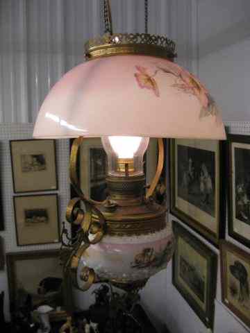 Appraisal: Victorian Hanging Lamp Wavecrest style floral decorated body shade shade