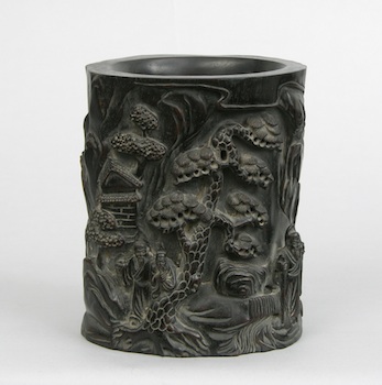 Appraisal: A Carved Zitan Brushpot Chinese Carved with straight sides depicting