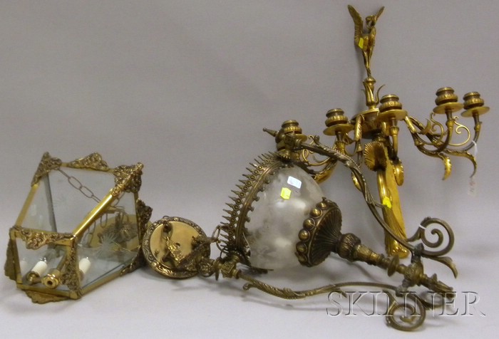 Appraisal: Four Pieces of Decorative Brass Lighting a Neoclassical-style six-light chandelier