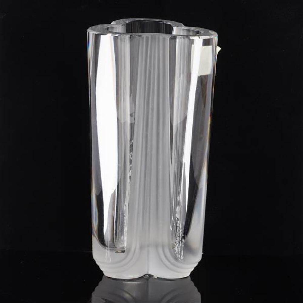 Appraisal: DAUM FRANCE CRYSTAL VASE WITH THREE FROSTED FLUTED SEGMENTS SIGNED