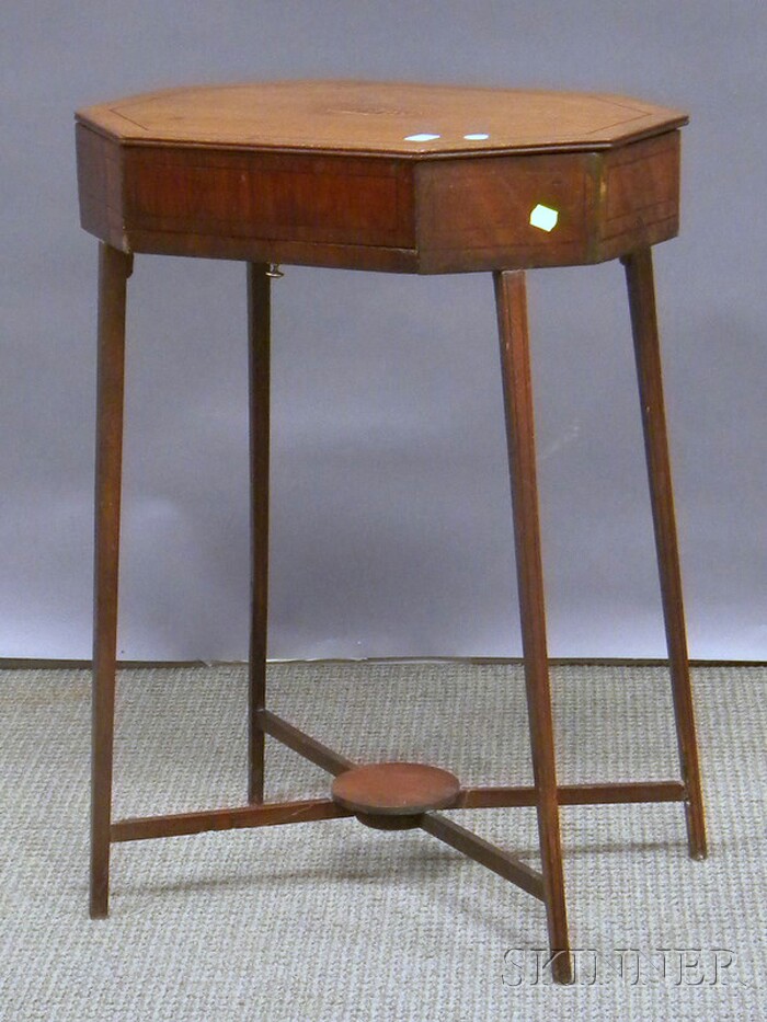 Appraisal: Regency Octagonal Inlaid Mahogany Lidded Sewing Stand underside branded DW