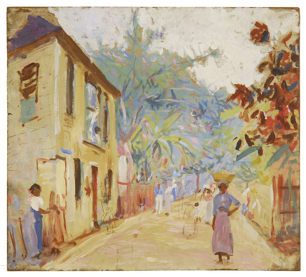 Appraisal: AMERICAN SCHOOLEarly th CenturyIsland street scene Unsigned Though the work