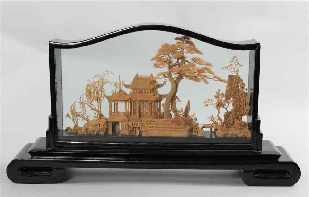 Appraisal: CHINESE CARVED SOFTWOOD DIORAMA IN GLASS AND LACQUER CASE