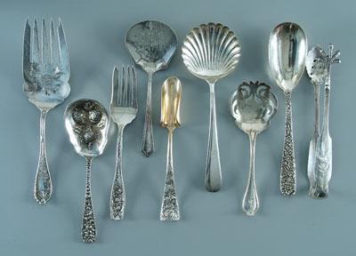 Appraisal: Nine silver serving pieces pair coin bread tongs with spur