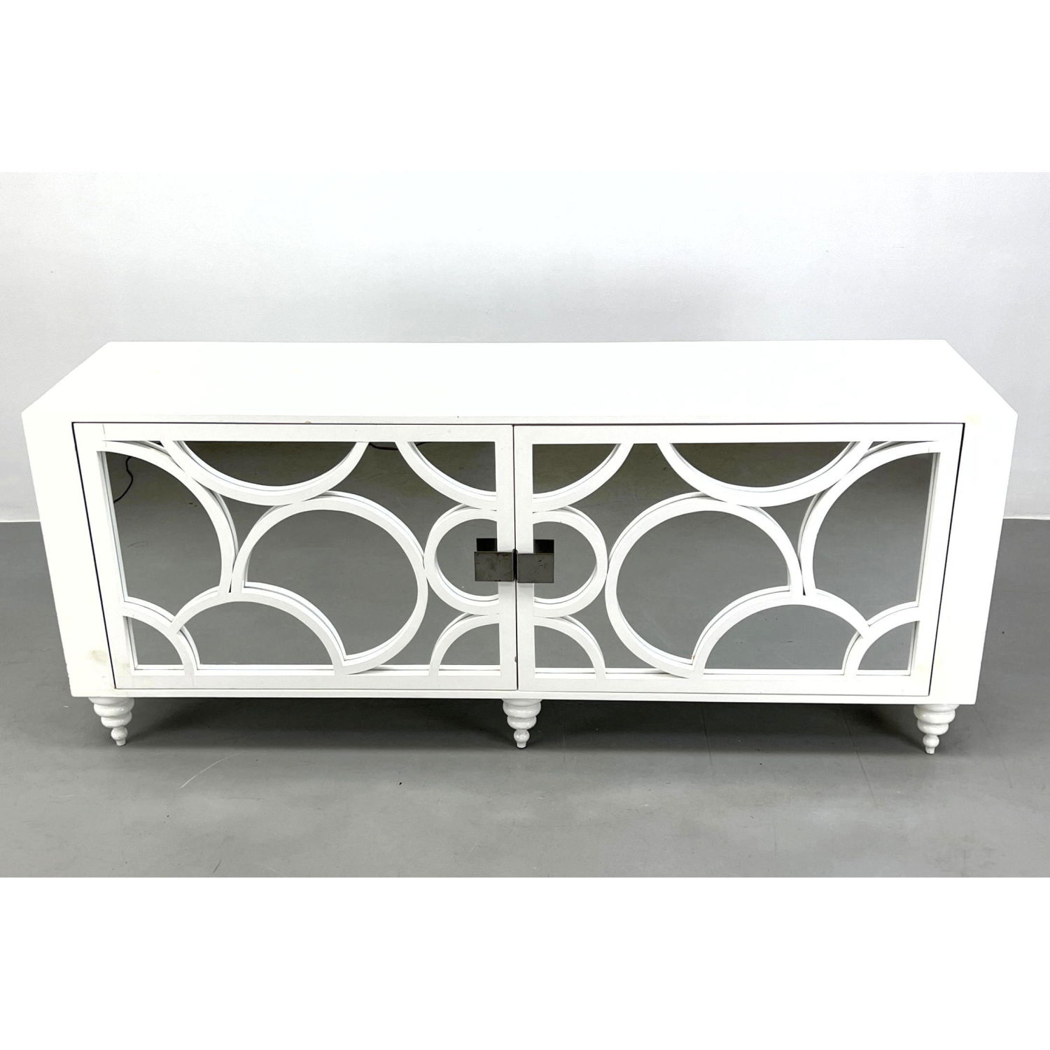 Appraisal: Contemporary White Lattice Front Credenza Sideboard There is mirror panel