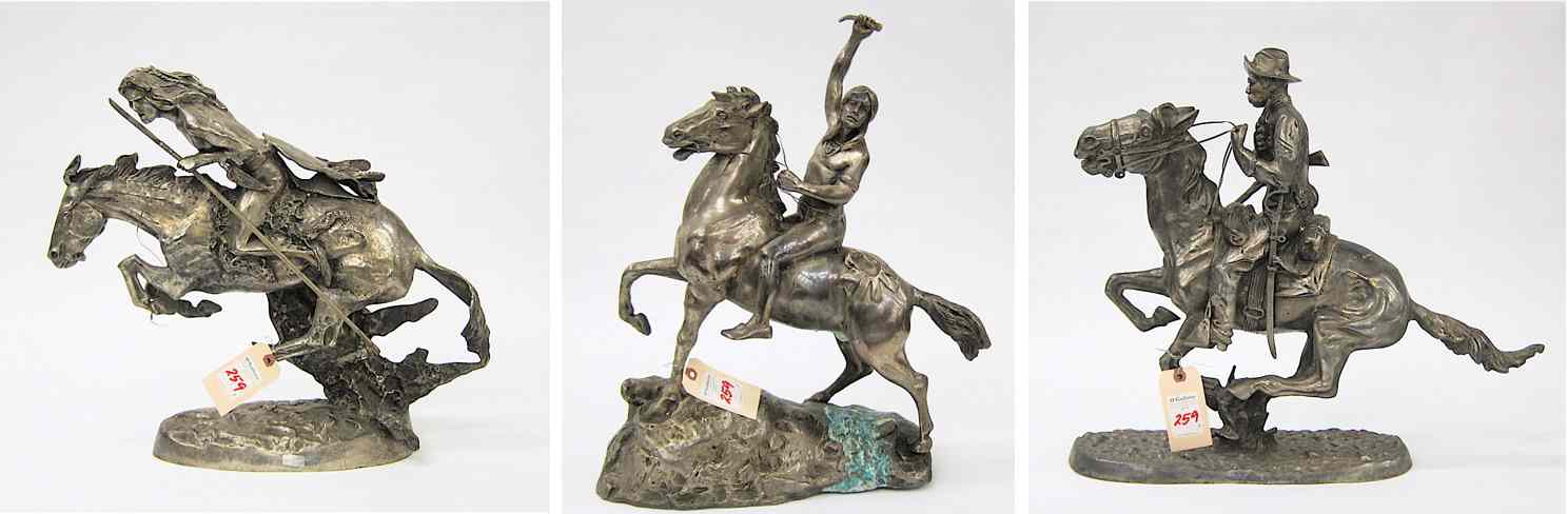 Appraisal: THREE WESTERN SILVER-GILDED BRONZE SCULPTURES after the work of FREDERIC