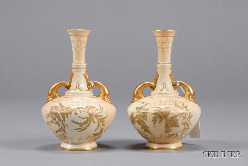 Appraisal: Pair of Royal Worcester Porcelain Dolphin-Handled Vases England c shape