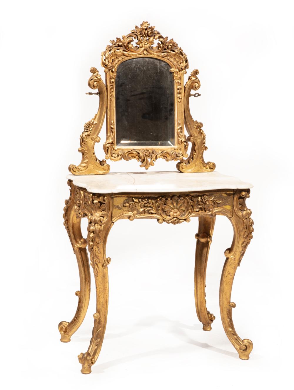 Appraisal: Antique American Rococo-Style Giltwood Dressing Table foliate mirror surround beveled