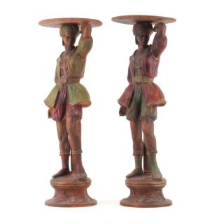 Appraisal: Pair of Italian Polychrome Blackamoor Pottery Figures Plant Stands Pair