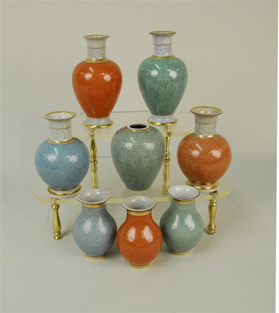 Appraisal: COLLECTION OF EIGHT ROYAL COPENHAGEN GILT DECORATED CRACKLE GLAZE BOTTLE