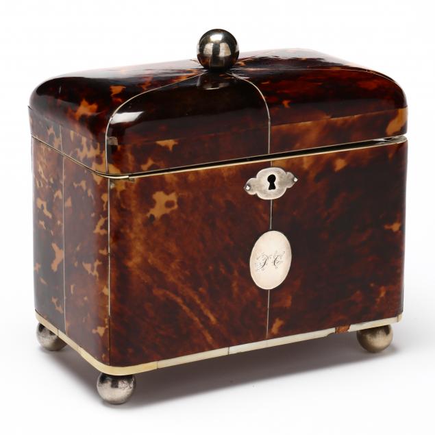 Appraisal: ANTIQUE GEORGIAN TORTOISE SHELL AND SILVERPLATE INLAID TEA CADDY English