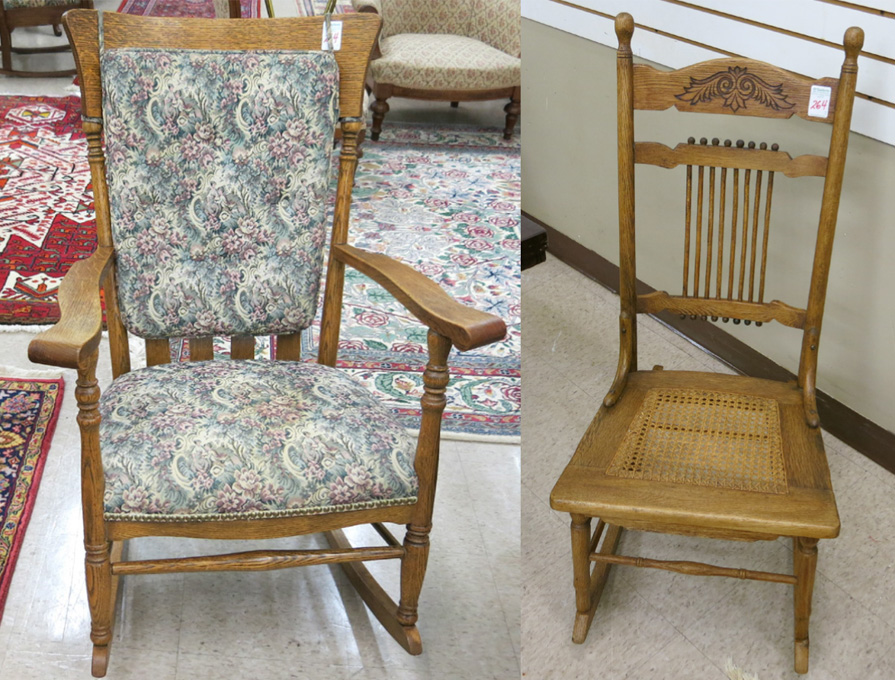 Appraisal: TWO OAK ROCKING CHAIRS American c s including armless sewing