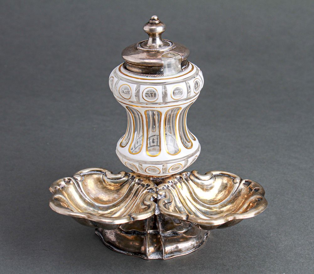 Appraisal: Bohemian Cased Glass Silver-Plate Condiment Silver-plate stand with Bohemian cased