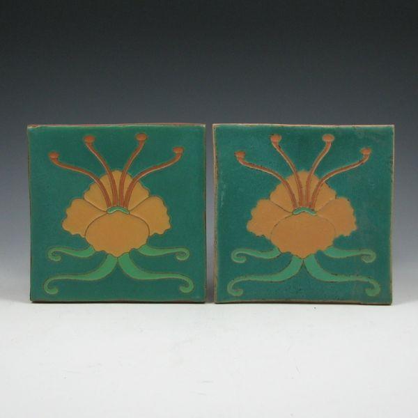 Appraisal: Two Van Briggle tiles with floral decoration Marked Van Briggle