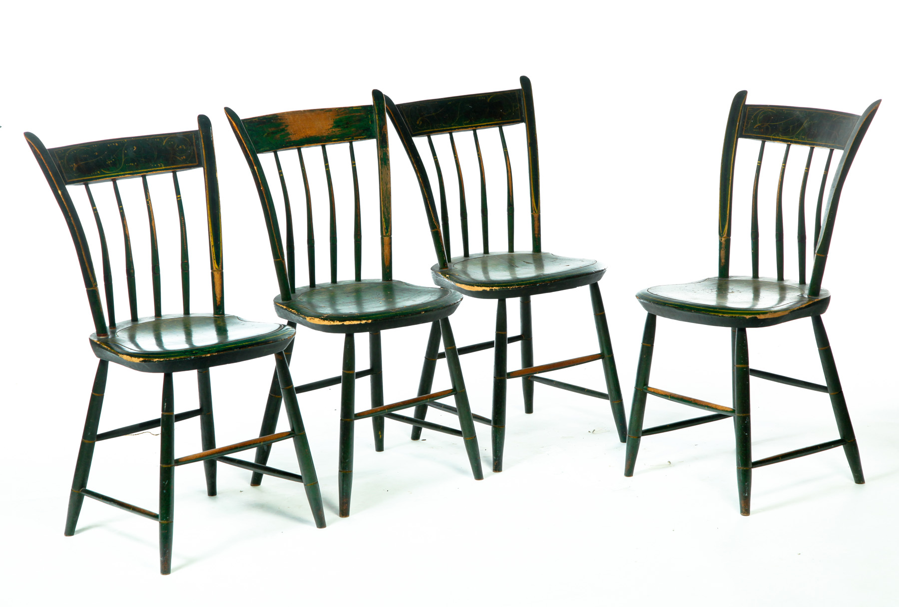 Appraisal: FOUR DECORATED PLANK SEAT CHAIRS American nd quarter- th century