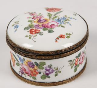 Appraisal: FRENCH LIMOGES HINGED CIRCULAR BOX WITH GILT METAL RINGS HAVING