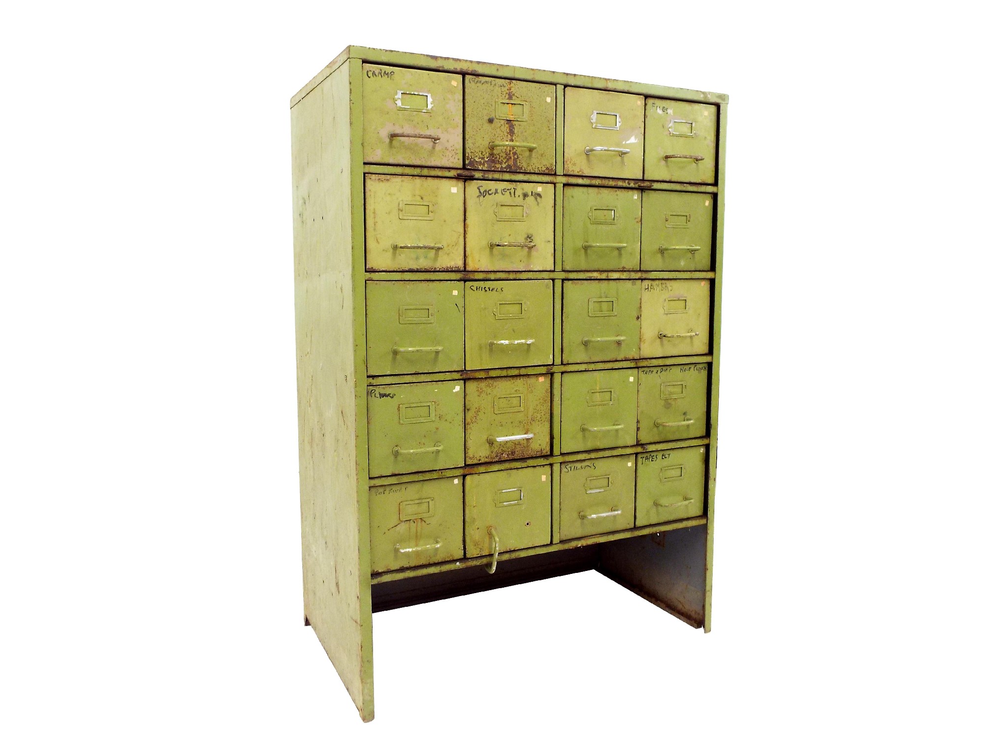 Appraisal: Vintage industrial bank of twenty filling drawers in green painted