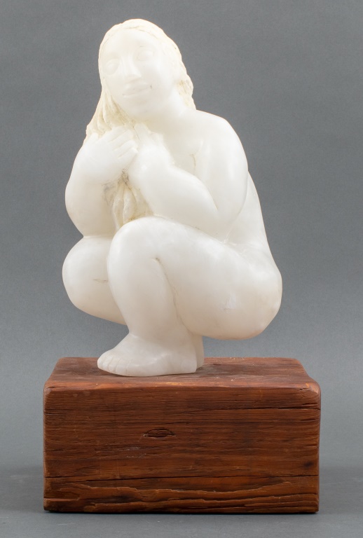 Appraisal: J WEST SIGNED ALABASTER SCULPTURE OF WOMAN Modern carved alabaster