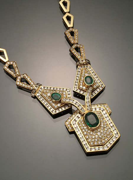 Appraisal: Princess Length -Karat Yellow-Gold Diamond and Emerald Necklace Set with