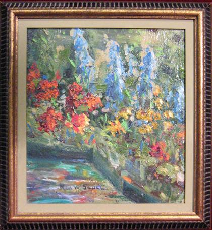 Appraisal: NINA WOLOSHUKOVA th century GARDEN SCENE oil on board x