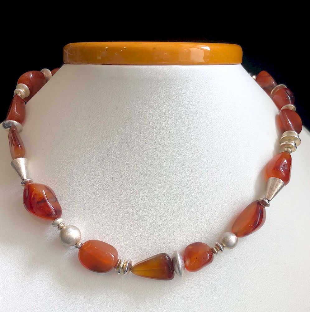 Appraisal: Polished Carnelian Nugget Fresh Water Pearl Sterling Silver Necklace Polished