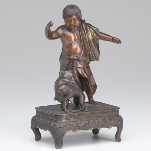 Appraisal: JAPANESE BRONZE Okimono of a young boy his arms raised