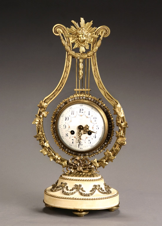 Appraisal: Louis XVI Style Ormolu and Marble 'Lyre' Mantel Clock Vincenti