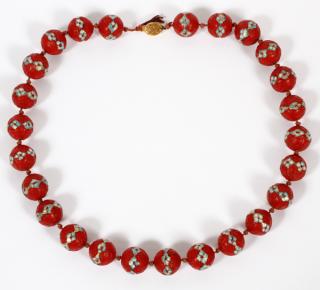 Appraisal: CHINESE ENAMEL RED-CINNABAR NECKLACE WITH CLASP L With clasp