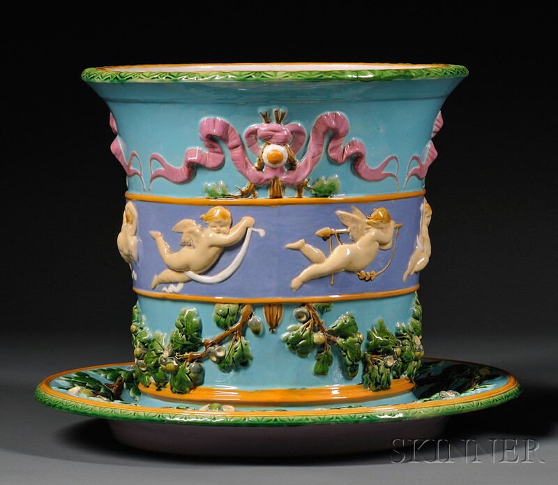 Appraisal: Minton Majolica Jardiniere and Underplate England c the cylindrical form