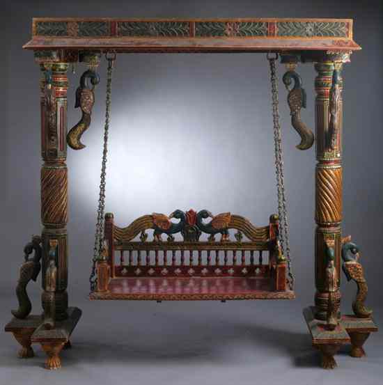 Appraisal: INDIAN POLYCHROME WOOD SWING JHOOLA Jaipur Rajastan The rectangular carved