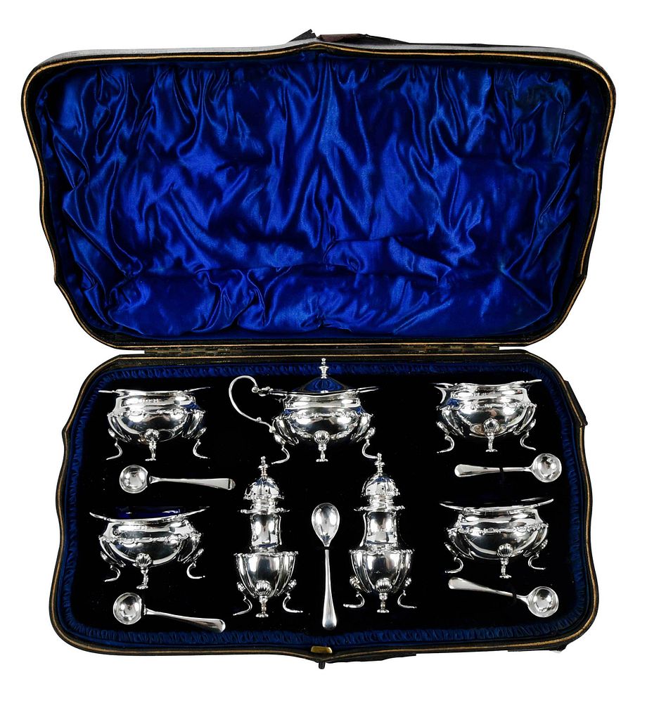 Appraisal: Cased English Silver Condiment Set Sheffield footed urn forms most