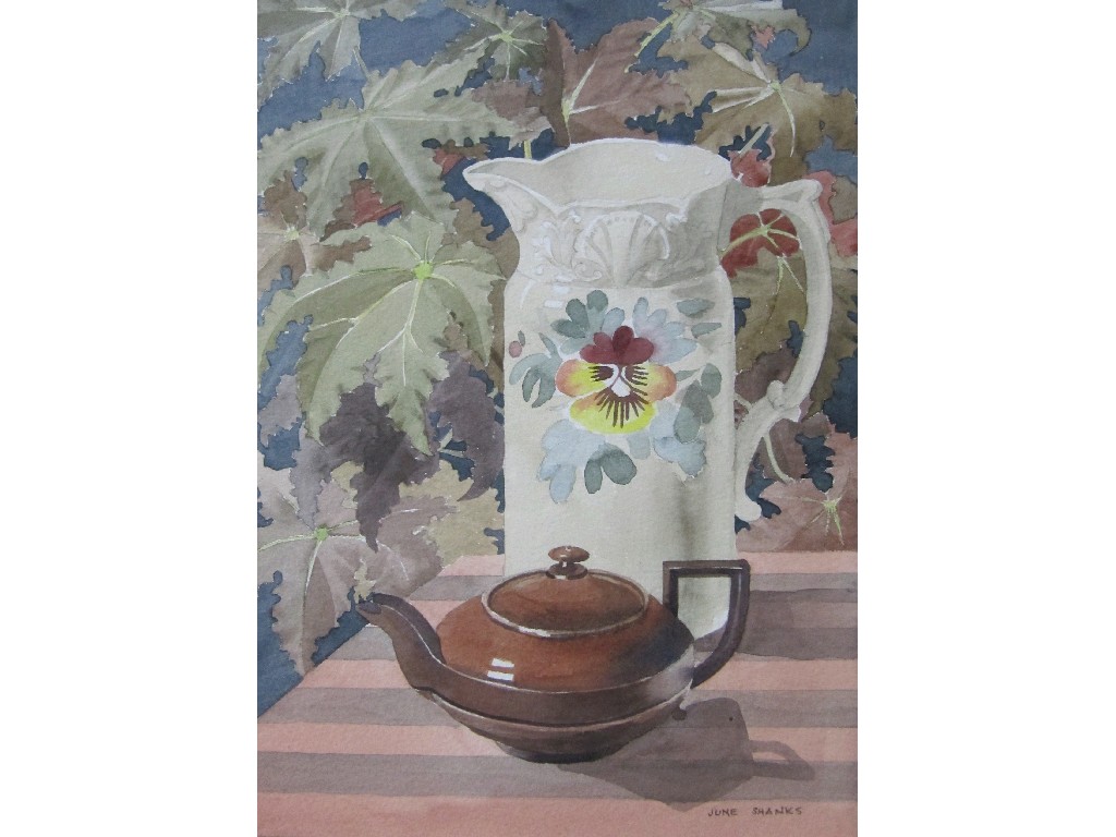 Appraisal: JUNE SHANKS Watercolour 'Pansy Jug and Wee teapot' signed recto