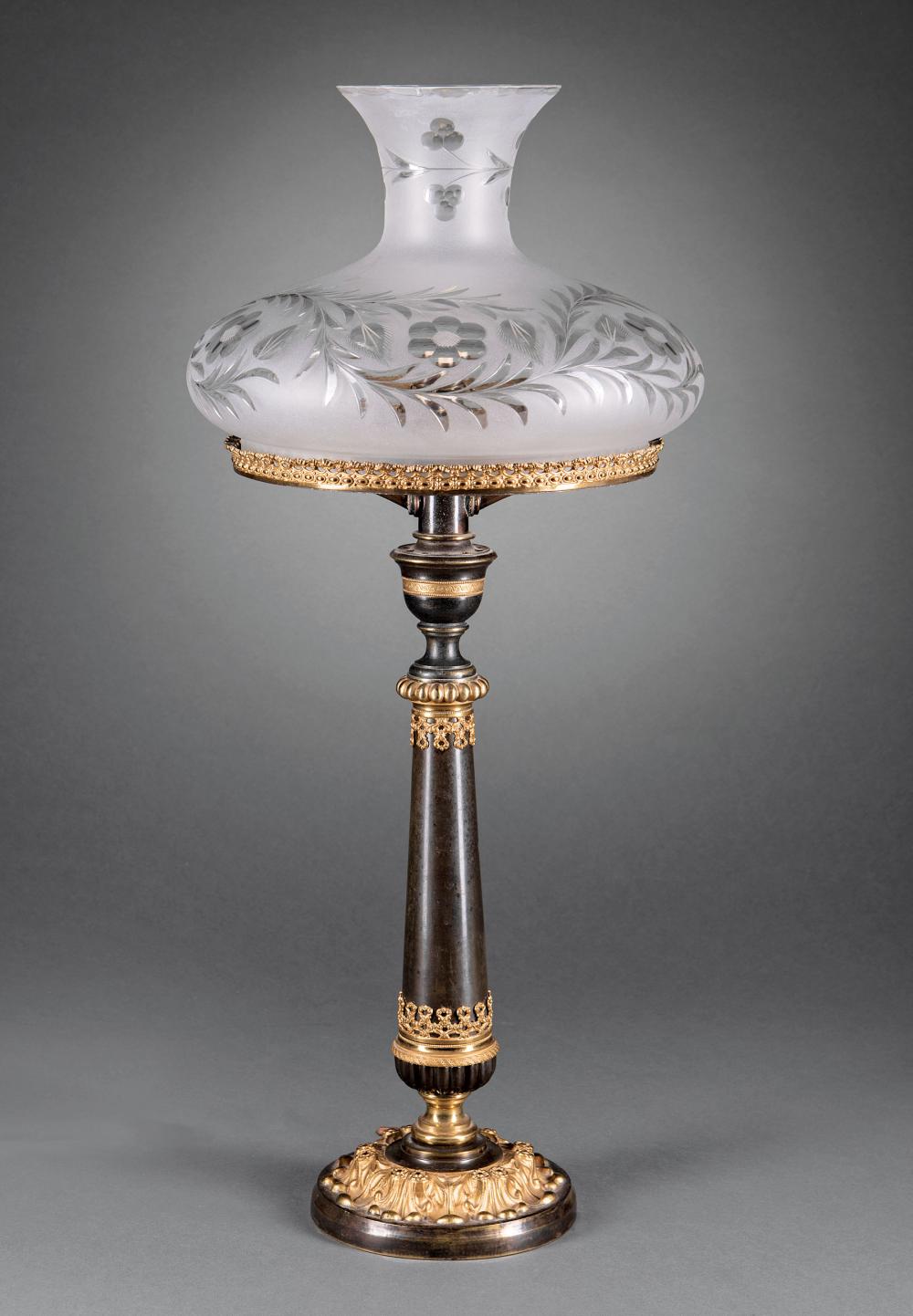 Appraisal: English Gilt and Patinated Bronze Sinumbra Lamp c beaded and