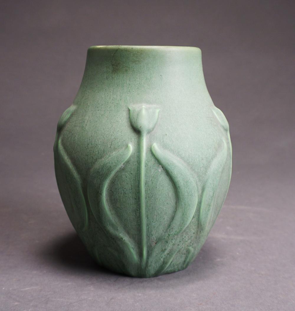 Appraisal: HAMPSHIRE POTTERY FLORAL MATTE GREEN GLAZED VASE H IN CM