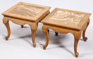 Appraisal: OAK AND MARBLE BRUNCH TABLES PAIR OAK AND MARBLE BRUNCH