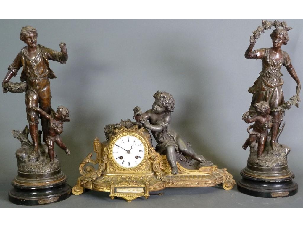 Appraisal: LATE NINETEENTH CENTURY SPELTER AND GILT SPELTER FIGURAL MANTEL CLOCK