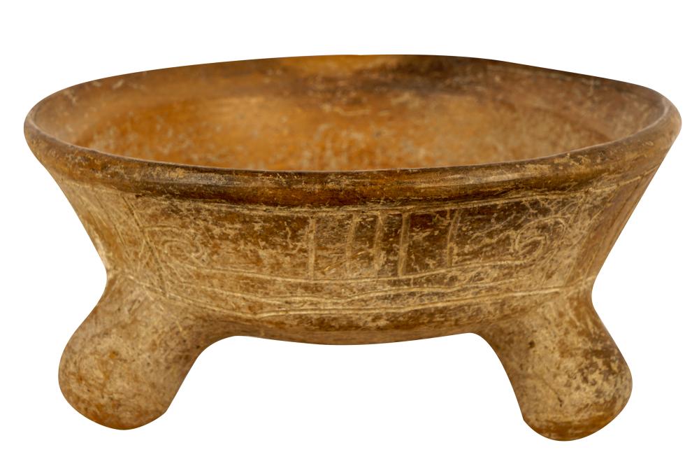 Appraisal: PRE-COLUMBIAN STYLE POTTERY FOOTED BOWLcircular body with incised design raised