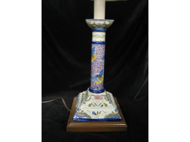 Appraisal: French Faience Art Pottery Candlestick Lamp handpainted butterfly floral base