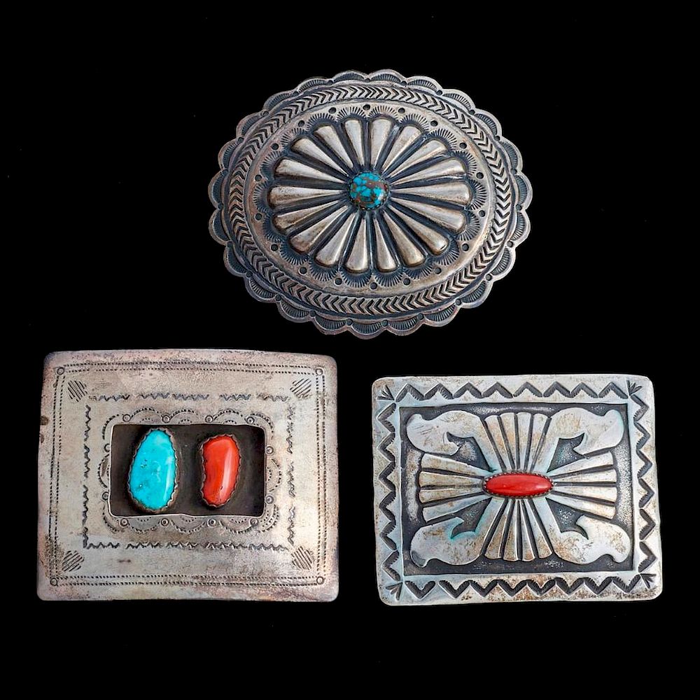 Appraisal: NAVAJO BELT BUCKLES Three Vintage old pawn turquoise coral and