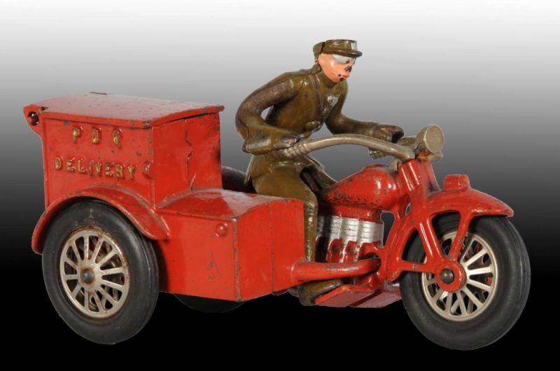 Appraisal: Cast Iron Police Delivery Motorcycle Toy Driver Description Made by