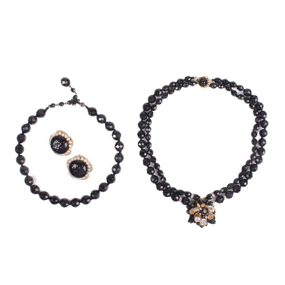 Appraisal: MIRIAM HASKELL PC BLACK FACETED BEAD GROUP TWO NECKLACES AND